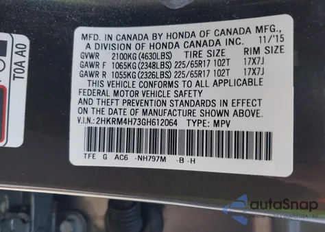 2016 Honda Cr-V Exl z USA, uszkodzony, nr VIN 2HKRM4H73GH612064